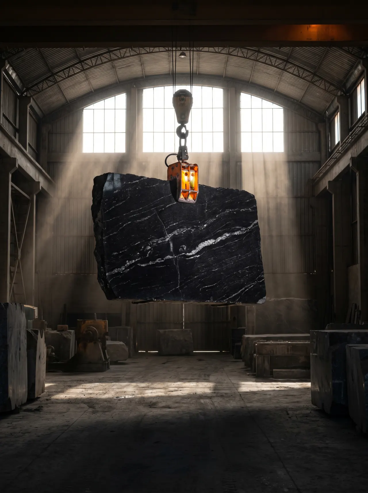 Slab de granito colgando de una grúa en bodega