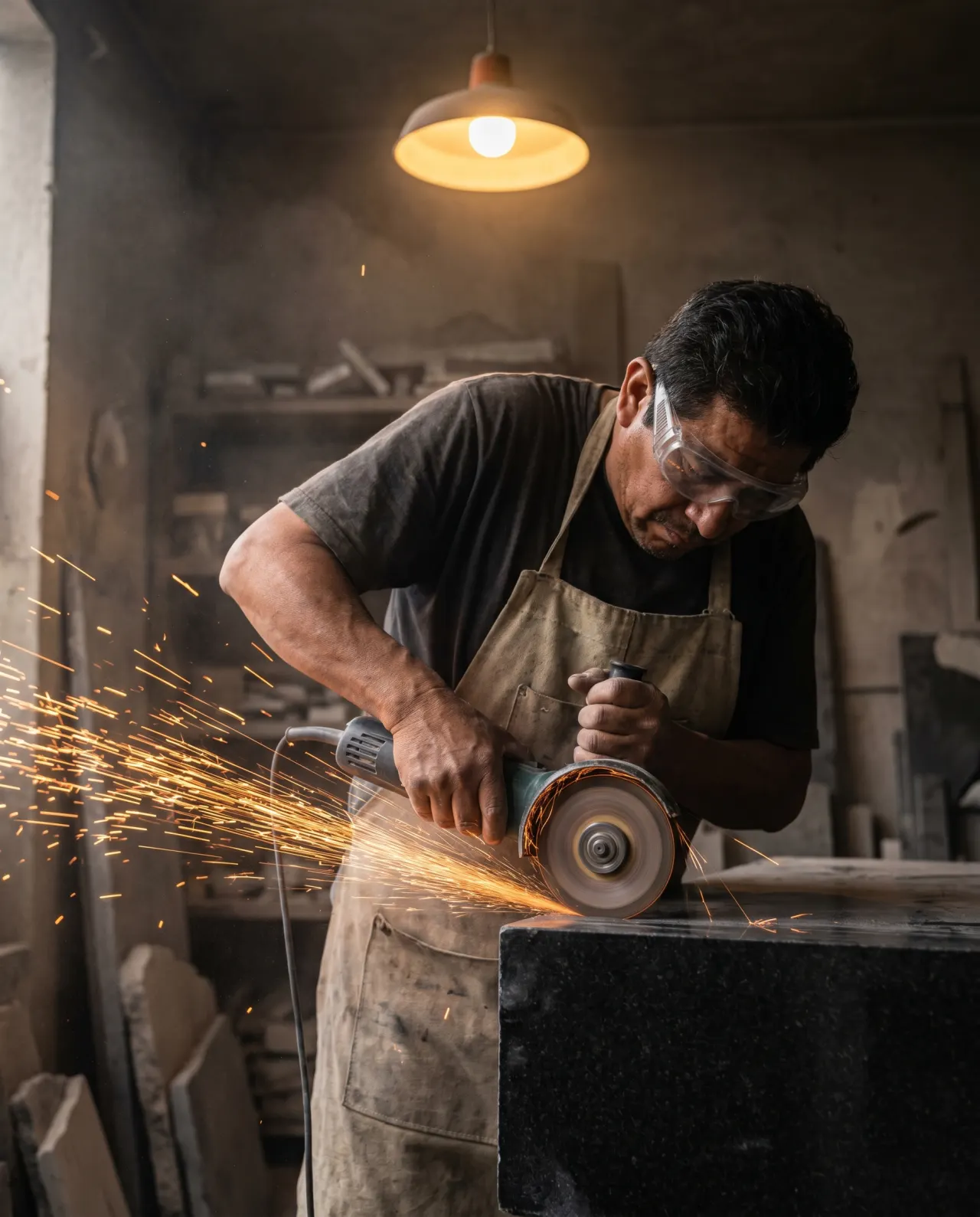 Artesano mexicano cortando granito con esmeril